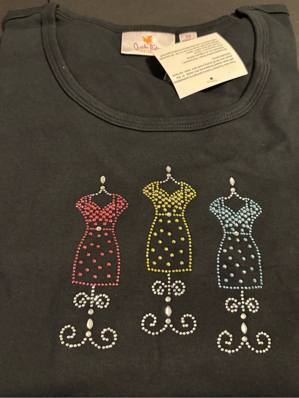 Quacker Factory Women’s 3X Black Rhinestone Dress Form Top NWT 3/4 Sleeve Plus